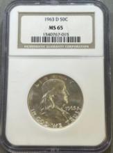 1963-D Franklin Half Dollar, 90% silver, in MS 65 NGC Holder
