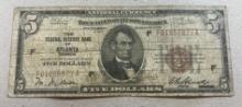 1929 Federal Reserve of Atlanta $5.00 National Currency Banknote