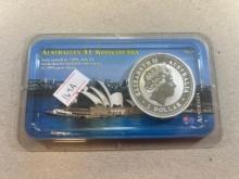 2001 Australia Silver Kookaburra in UNC Littleton Holder, .999 fine silver