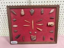 Arrowheads Artifacts frame 15 x 21" w/ 24 artifacts flint and bone Caldwell Co KY
