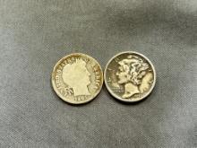 1941-S Mercury Dime and 1901 Barber Dime, Both 90% silver