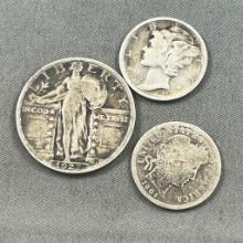 1927 Standing Liberty Quarter, 1943-S mercury dime, & 1904 Barber Dime, all 90% Silver