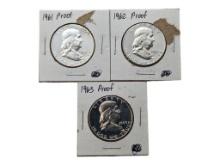 Lot of 3 Franklin Half Dollar Proofs - 1961, 1962 & 1963 - Brilliant Uncirculated