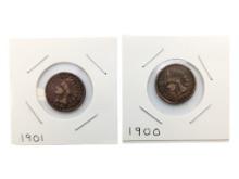 Lot of 2 Indian Head Cents Pennies - 1900 & 1901