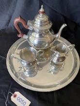 Vintage Williamsburg Lennox Kirk Stieff Pewter Tea Set with Tray, Rosewood Handle
