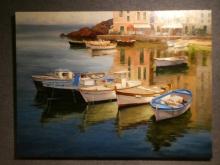 Alex Wang Boats in Harbor Oil Painting