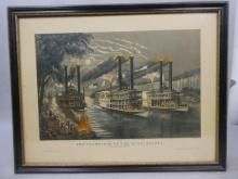 1936 Currier & Ives The Champion of the Mississippi Steamboat Race Lithograph