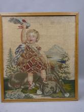 1930's Criss Stitch Embroidery of Scottish Girl & Her Dog