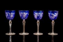 Set of 4 Ajka Crystal Marsala Cobalt Blue Cut to Clear Wine Goblet Glasses