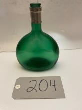 Unique 8.5 in x 6 in x 3 in Green Glass Bottle Marked 313 19 :2: BA on the Base, Had Cork Top