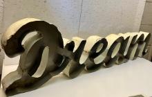Vintage Metal DREAM Sign 44 x 12 x 3.5 Painted White with Rust and Corrosion, Industrial Wall Art
