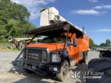 Altec LR7-56, Over-Center Bucket Truck mounted behind cab on 2021 Ford F750 Chipper Dump Truck Runs,