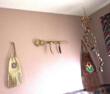 2- Indian suede /beaded purses/pots wind chime/Indian tool