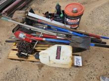 Gardening Tools, Shovels, Tamper, Gas Can, 5 Gallon Bucket of Hydraulic Fluid
