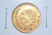 1919 Mexican Five Peso .900 Gold Piece; Unc.