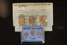1980 Susan B. Anthony Dollar Souvenir Set and Wartime Steel Cents (x4); All Unc.