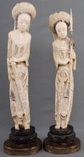 PAIR OF CHINESE CARVED IVORY TUSK FEMALE ARCHERS