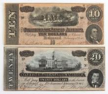 2 CONFEDERATE STATES BANKNOTE LOT 1864 $10 & $20