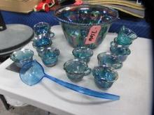 BLUE CARNIVAL PUNCH BOWL WITH 12 CUPS