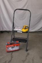 SimpleSpaces stool, Crescent ratchet set, and YellowJacket 50ft extension cable