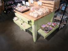 wooden bakery merchandising table w/ pull-out drawers