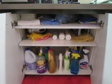 mixed breakroom cups, papergoods, cleaners and other supplies in cabinets