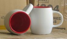 1 case of 8 coffee mugs (white and blue and red)