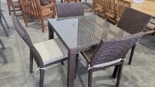 BRAND NEW GLASS TOP 35" TABLE WITH 4 WICKER & ALUMINUM STACKING CHAIR WITH CUSHIONS