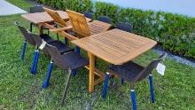BRAND NEW OUTDOOR 100% FSC SOLID TEAK FINISH WOOD TABLE WITH 8 RECYCLED RESIN BROWN CHAIRS