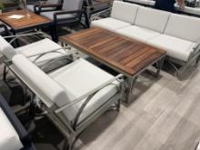 Auburn, a 4 Piece Outdoor Furniture Set with a 3 Seater Sofa, (2) Arm Side Chairs and 1 Teak Top Cof