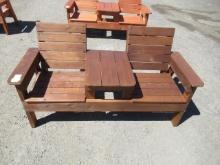 65'' W 2-SEAT CEDAR BENCH W/ MIDDLE TABLE (UNUSED)