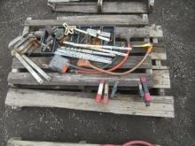 ASSORTED TOOLS, INCLUDING C CLAMPS, SAW BLADES, & ELECTRICAL PLUG HEADS