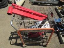 METAL CART W/ FLOOR JACK, CHAIN CLAMP, TUBE BENDER, ENGINE STAND, & TIRE CHAINS