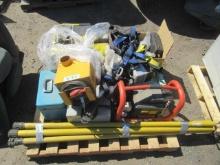 ASSORTED AIR COMPRESSORS, MEASURING POLES, FALL PROTECTION EQUIPMENT & TESTING EQUIPMENT