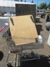 SHOPPING CART W/ ROLL OF PLASTIC SHEETING & (3) WOOD DOLLIES