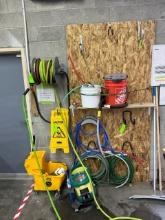 HOSE REEL W/HOSE, ASSORTED HOSE, MOP BUCKETS, SHOP VAC