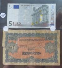 1944 Morocco 10 Francs Bill, 2002 5 Euro Bill