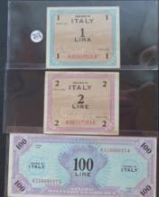1943- Italy 1 Lira, 2 Lire, 100 Lire Bill (World War II)