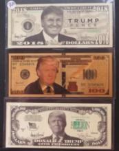 2018- Trump/Pence Dollar Bill, 2017 Trump One Billion Dollar Bill, 2016, Trump $100 (24k Gold Plated