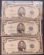 1953-A $5 Dolalr Bill Silver Certficate Blue Seal Banknote
