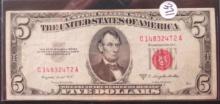 1953-B $5 Dollar Bill Red Seal Banknote