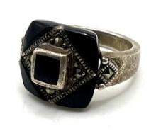 Sterling Silver Onyx Marcasite Mens Ring