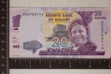 2016 BANK OF MALAWI 20 KWACHA CU COLORIZED BILL
