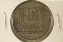 1934 FRANCE SILVER 10 FRANCS .2186 OZ. ASW