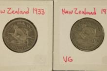 1933 & 1934 NEW ZEALAND SILVER 1 SHILLINGS .1816