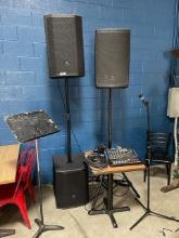 JBL Sound System 2 Mains, Sub, Mixing Board, Cables, Mic & Stand