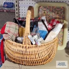 Basket of miscellaneous kitchen items and tray
