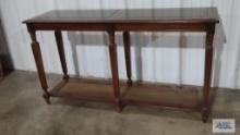 Fruitwood sofa table with glass inserts. 28 in. tall by 52 in. long by 16 in. wide.