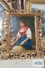 Oil on canvas painting,...woman with flower basket. See pictures for artist name. Frame measures 19