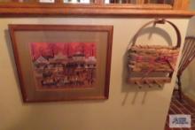 Town scene print and hanging basket. missing one spindle